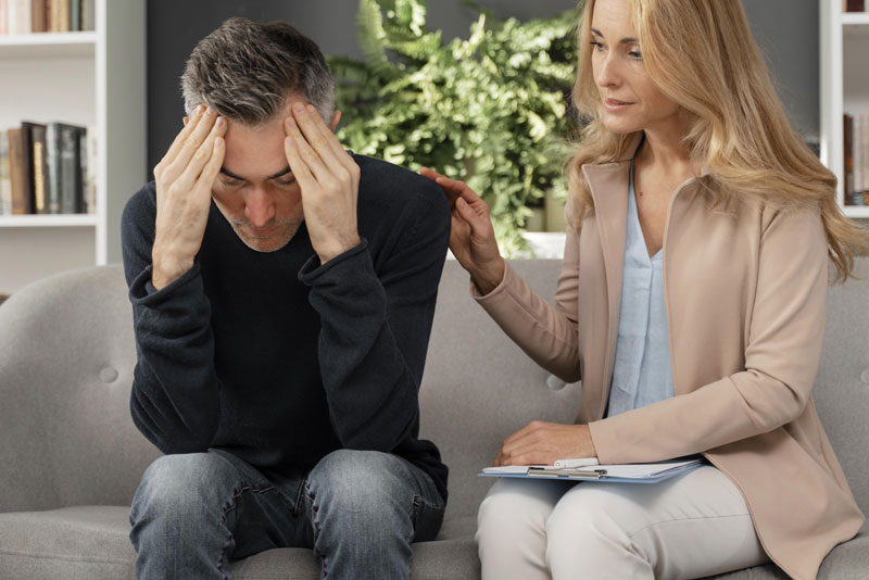 Man on a sofa holds his head in his hands while a female therapist in a beige blazer sits beside him offering support with a hand on his shoulder in a therapy session