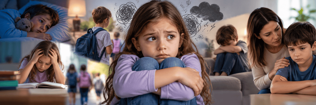 Center image of a young girl sitting with knees up looking worried with anxious scenes of other children around her suggesting school related stress